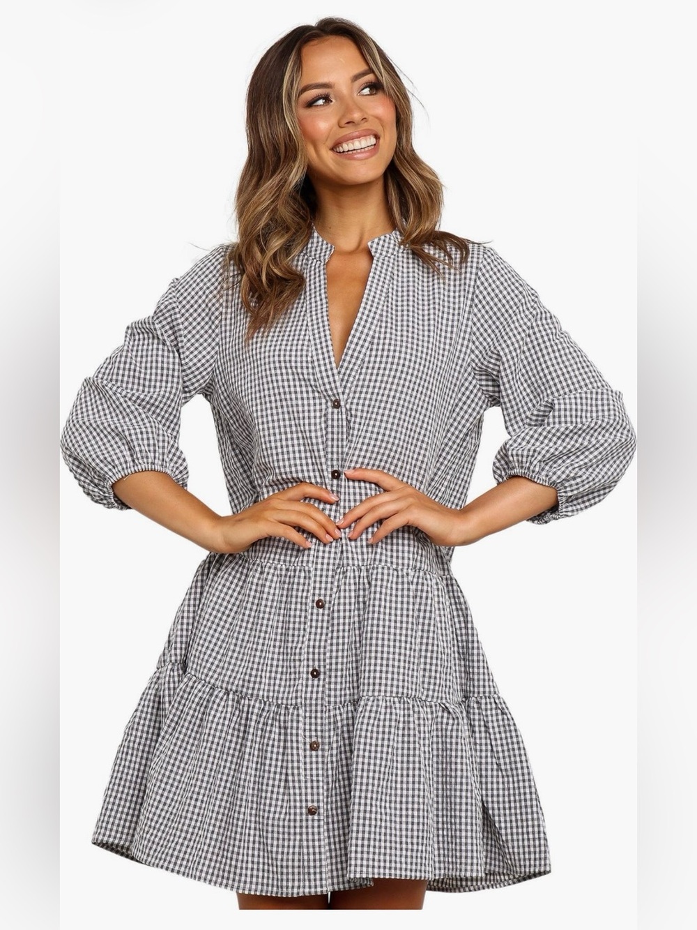 NWT Petal & Pup Gingham Button-Front Tiered Dress - Gray/White size M.